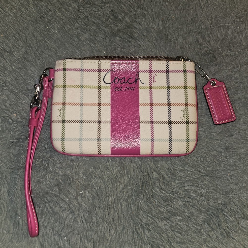 Coach Pink and Cream Plaid Wristlet